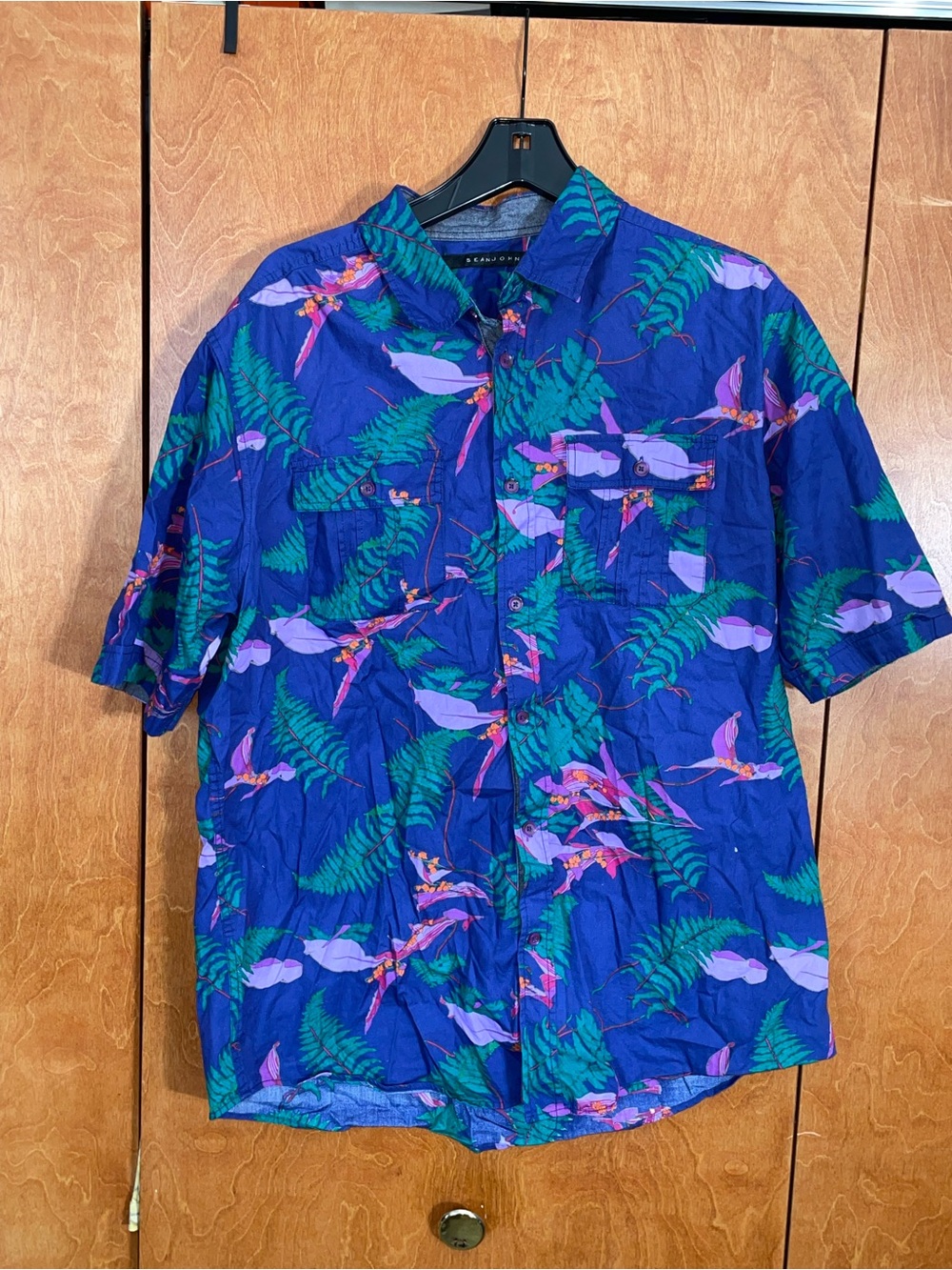 Sean John Blue Tropical Print Short-Sleeve Button-Down Shirt